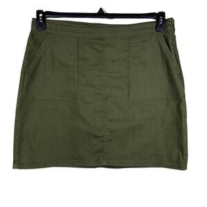 PrAna SZ 12 Kara A-Line Denim Mini Skirt Side Zip Stretch Pockets Olive Green